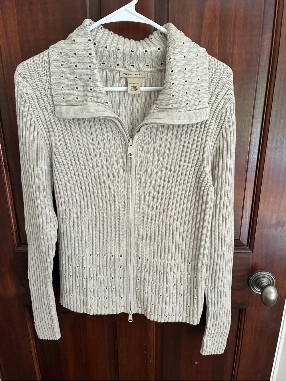 Vertical Design Beige Ribbed Zip-Front Cardigan Sweater
